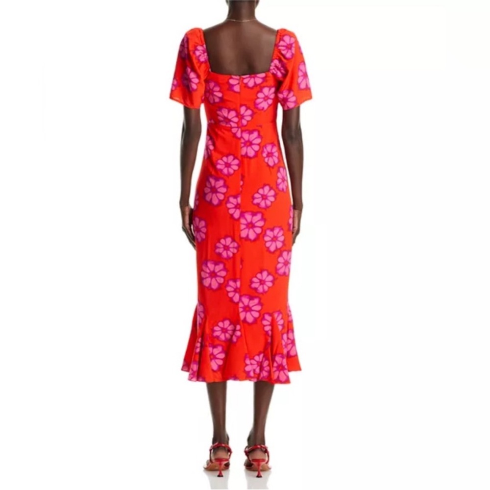 RHODE Red and Pink Ruffled Midi Dress with Puff Sleeves - Picture 2 of 10